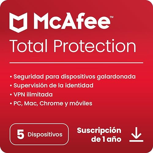 McAfee Total Protection 2023 | 5 dispositivos | Software de seguridad en Internet con antivirus | VPN ilimitada | 1 año de suscripción | Descargar Código